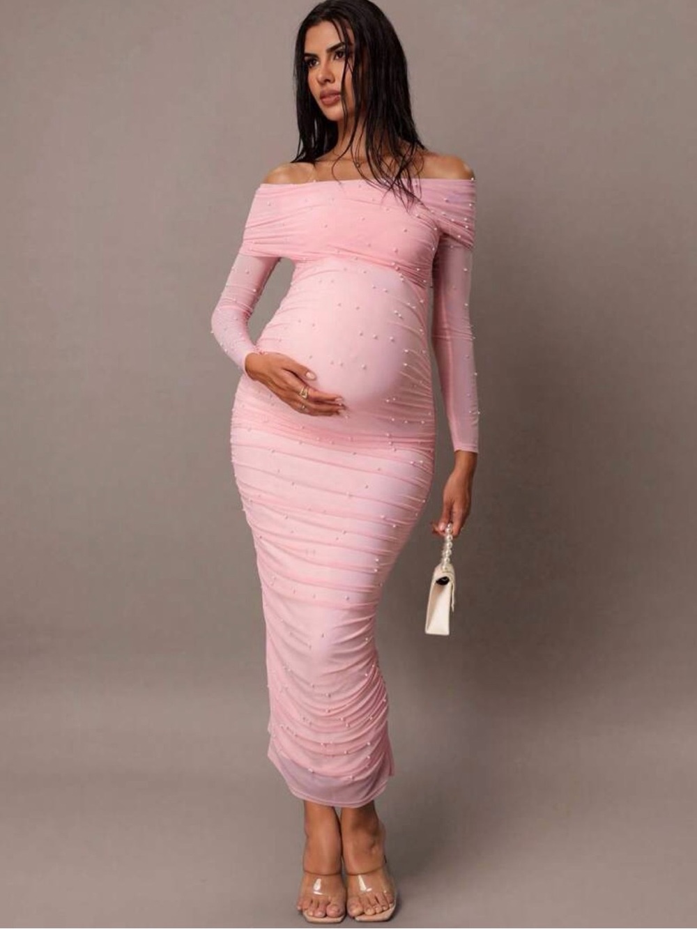 SHEIN Pink Off-Shoulder Ruched Maternity Midi Dress